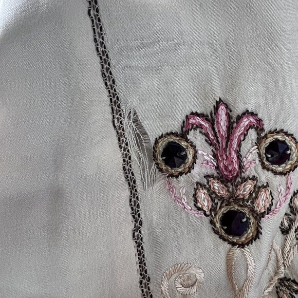 Vintage Silk Embroidered Beaded Scarf Shawl Stole Wrap Fringe Beige Soft 104x26” - Picture 15 of 16